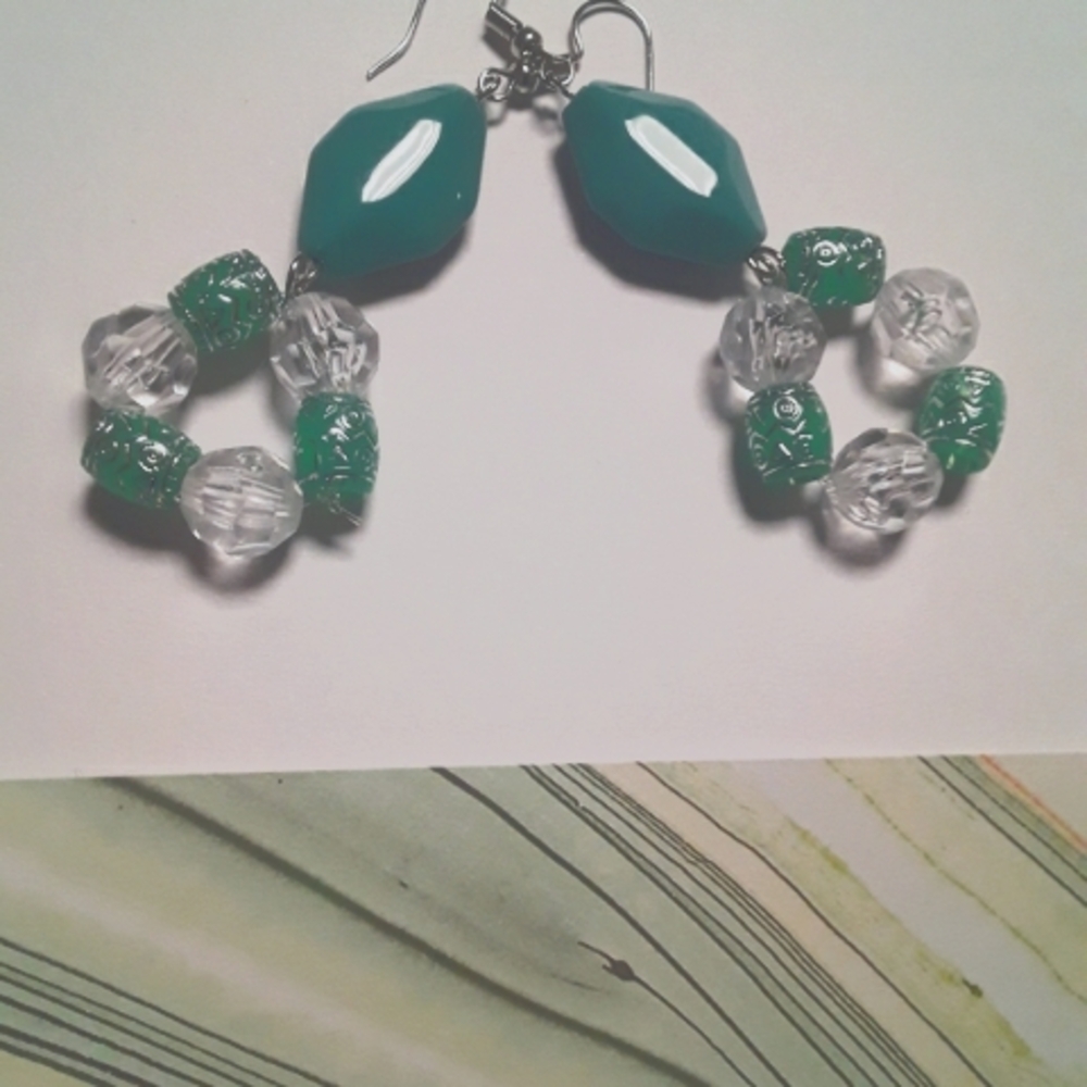 Green Diamond Shape Earrings Dangling Long Unique Handmade Earrings